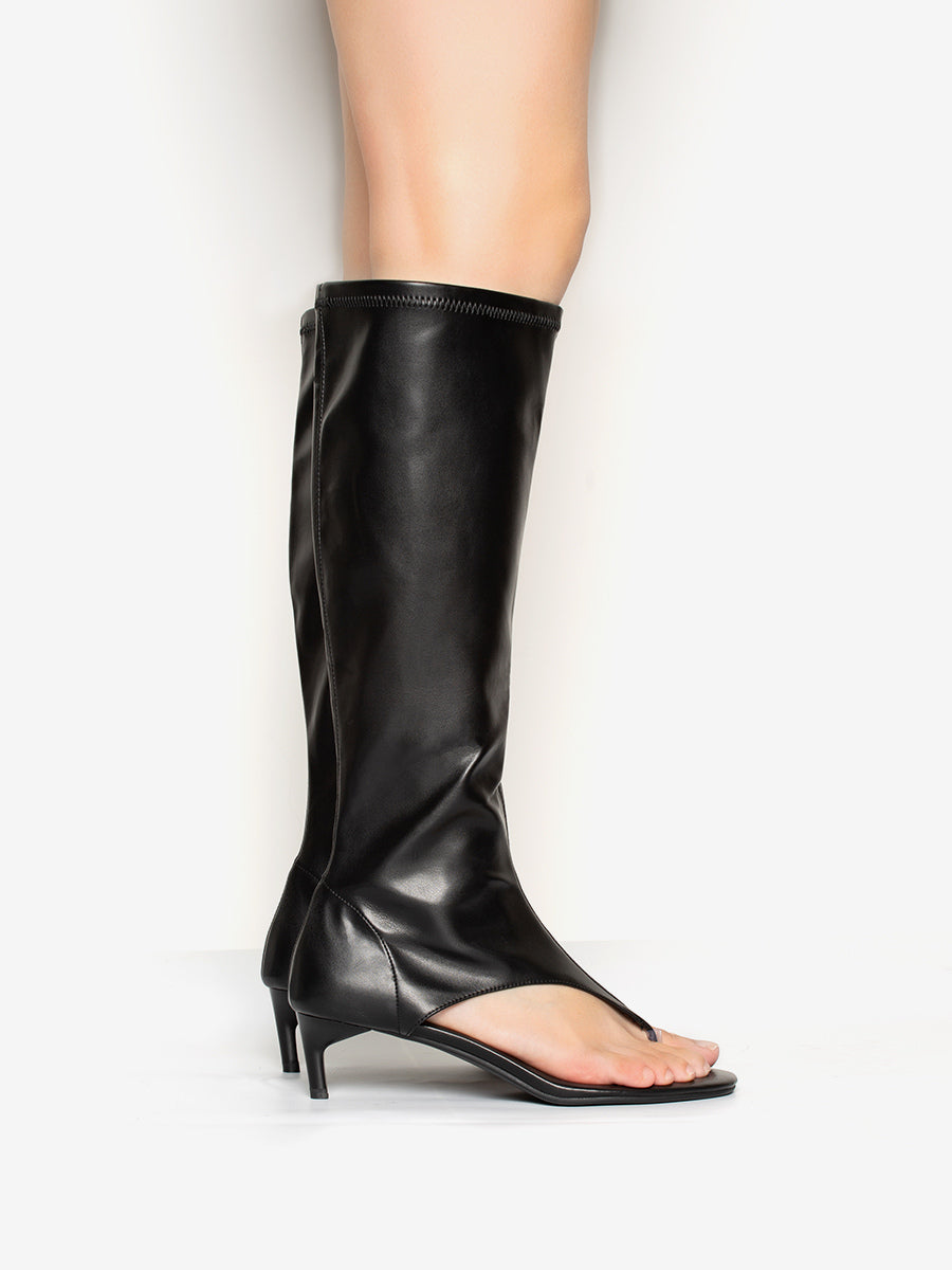 Yellow Open-Toe Kitten Heel Stretch Panel Mid-Calf Boots — view 4