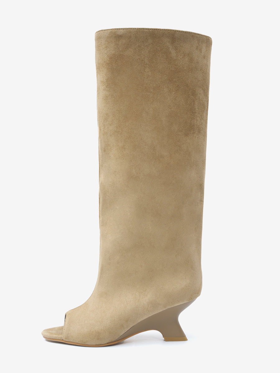 apricot open toe suede effect knee high boots — view 4