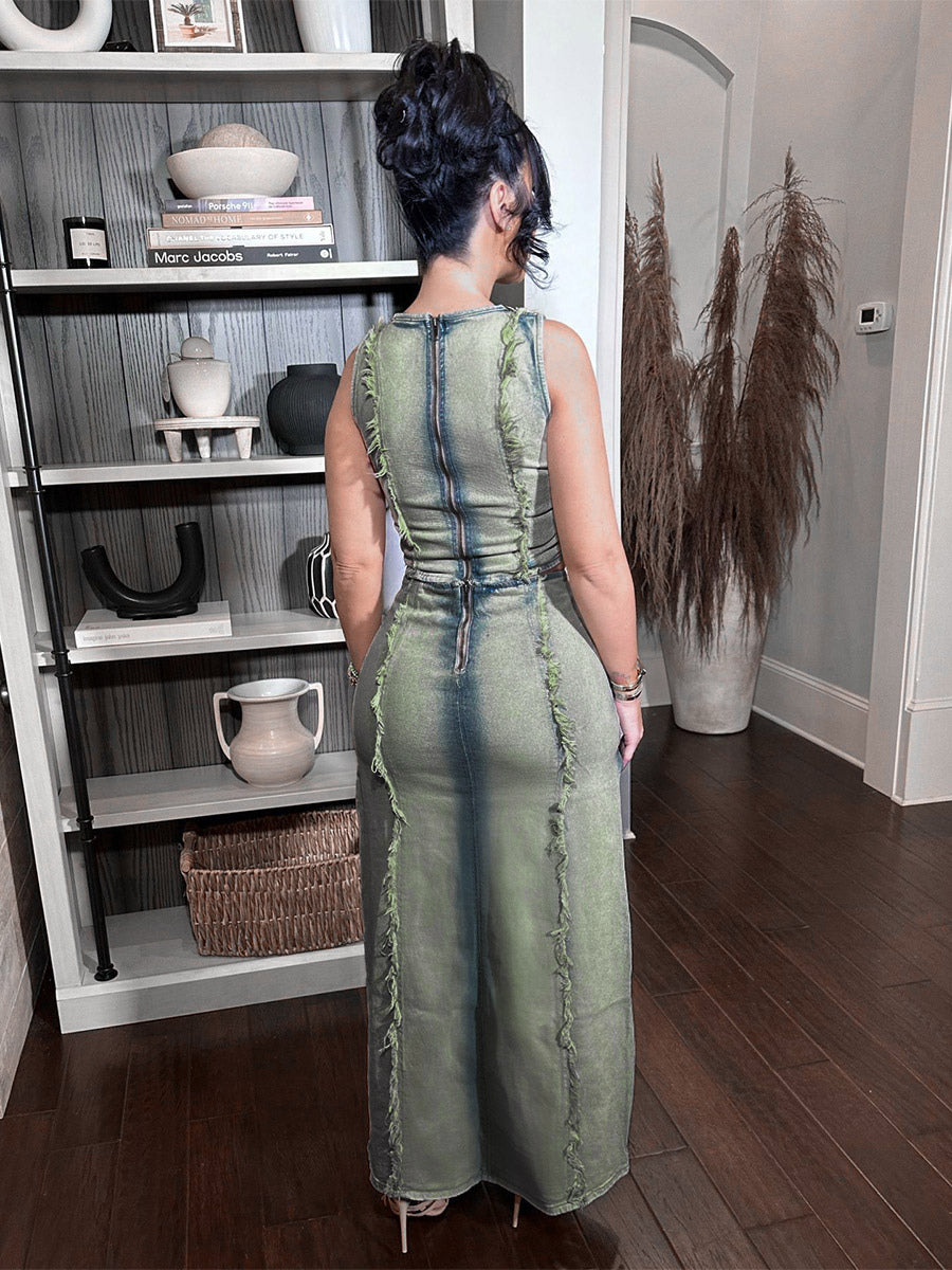 blue side split denim maxi two piece set — view 6