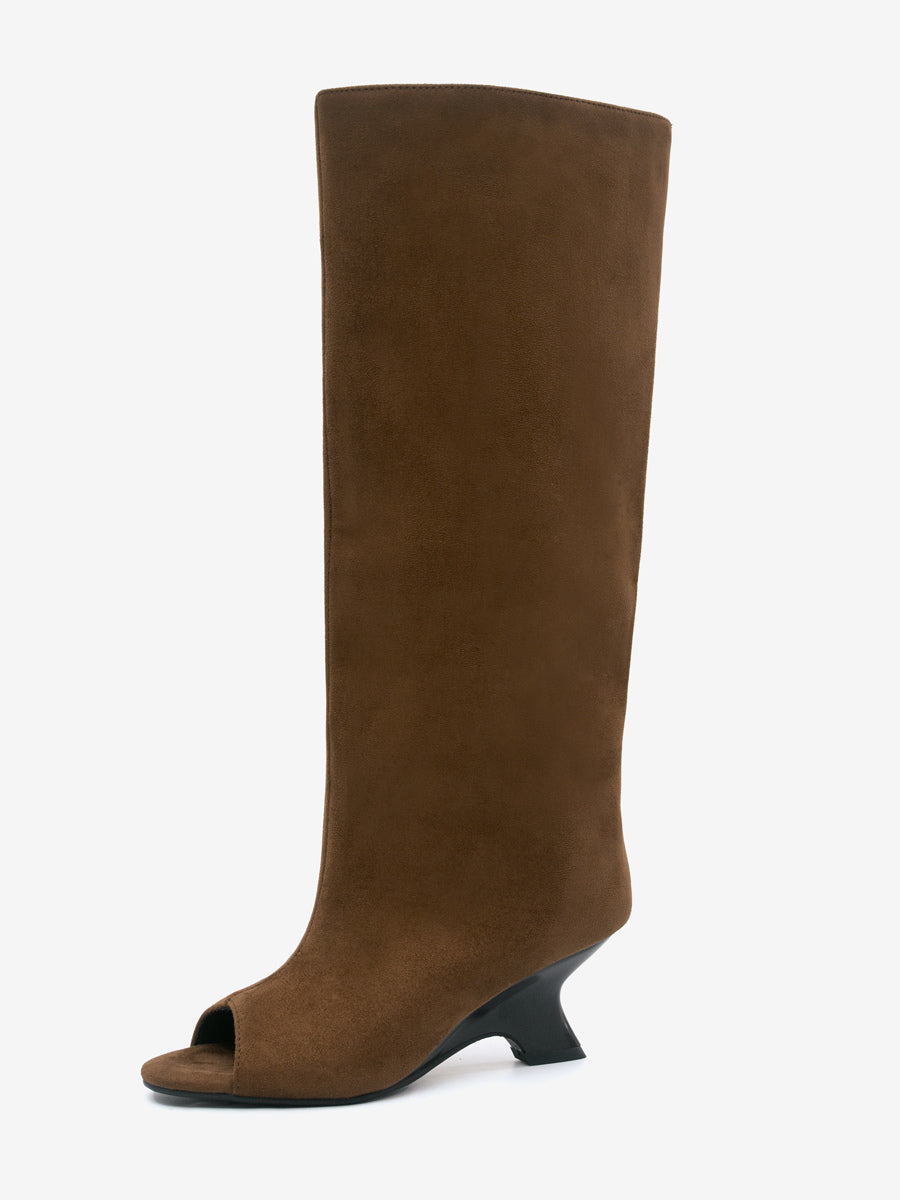 apricot open toe suede effect knee high boots — view 9