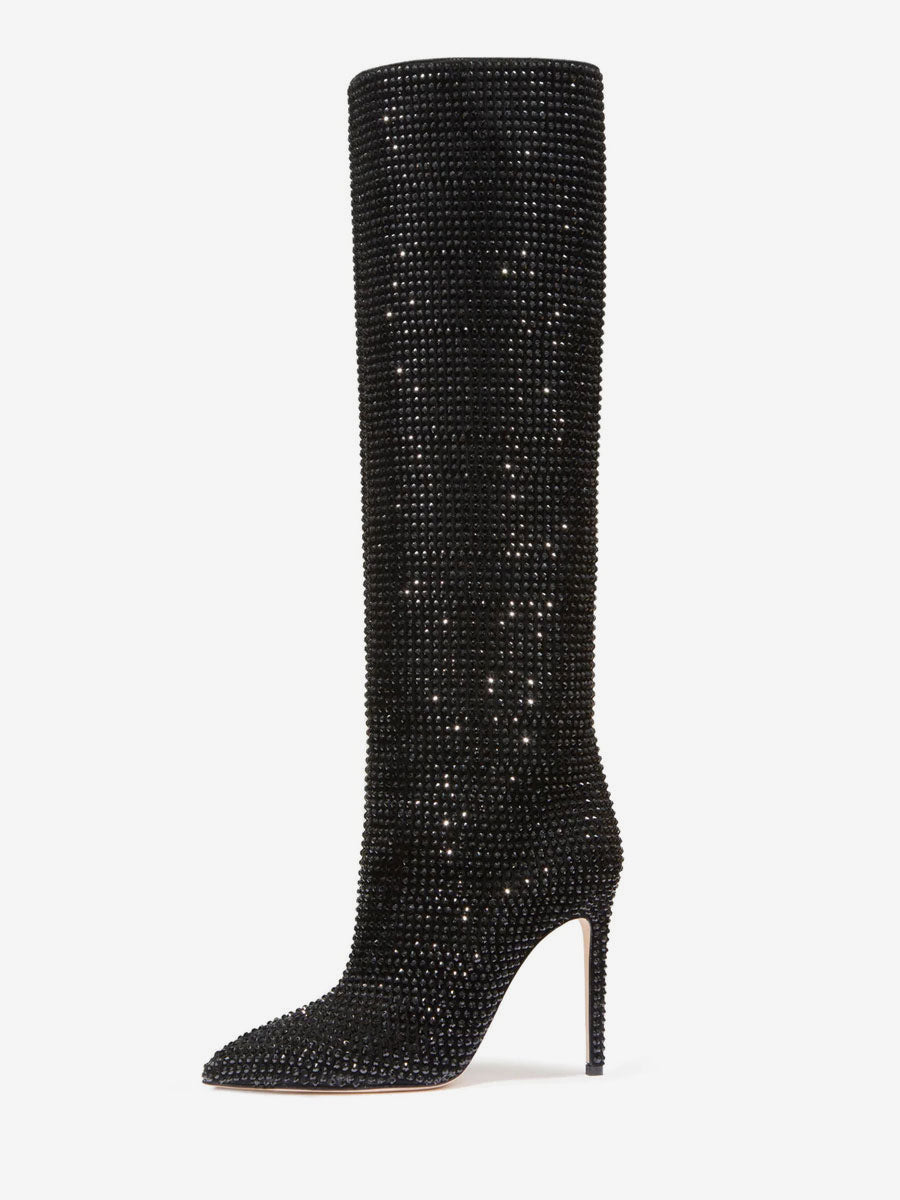 purple pointed toe stiletto embellished knee high boots — view 2