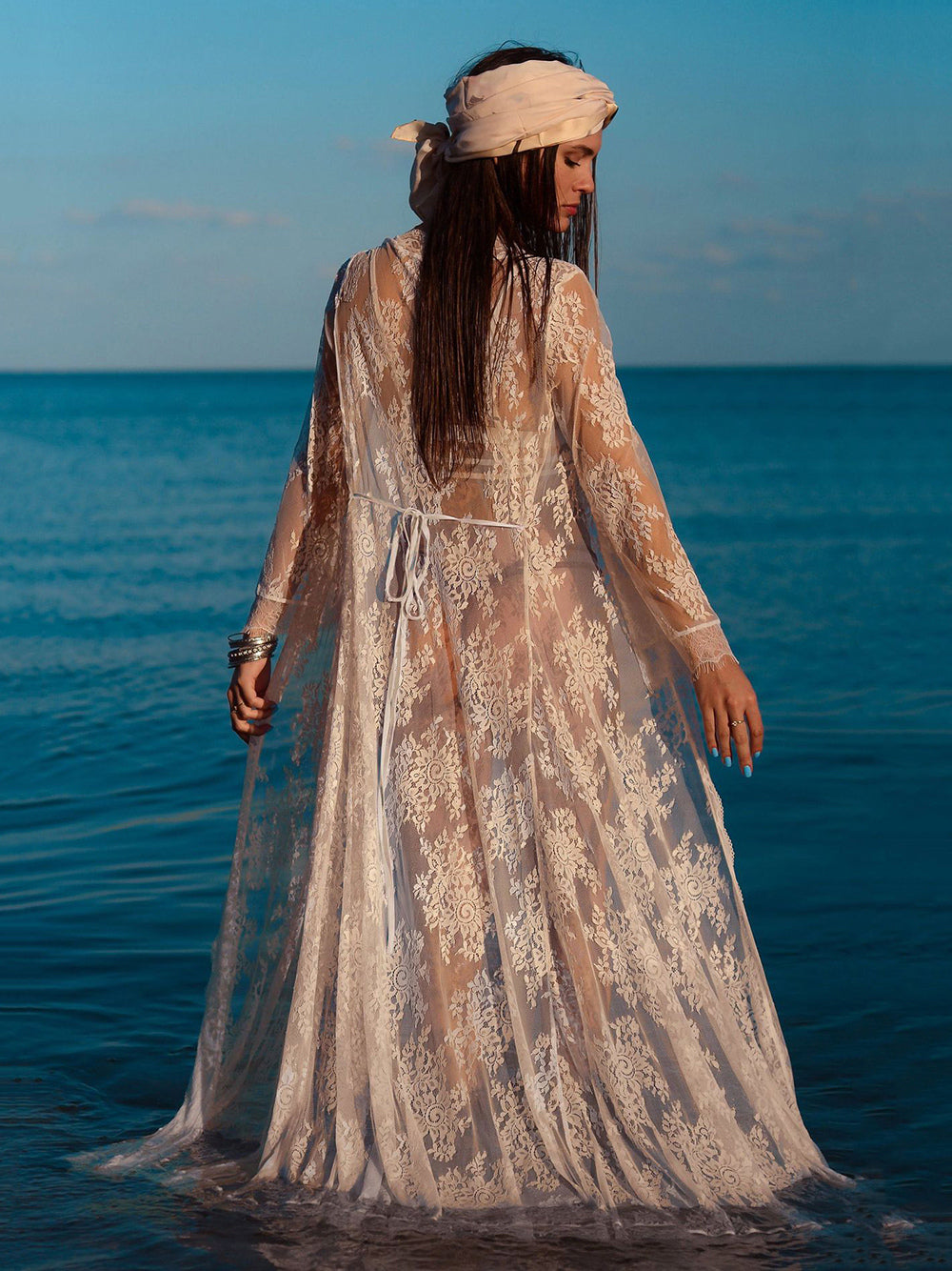 black long sleeve lace longline beach cover up — view 2