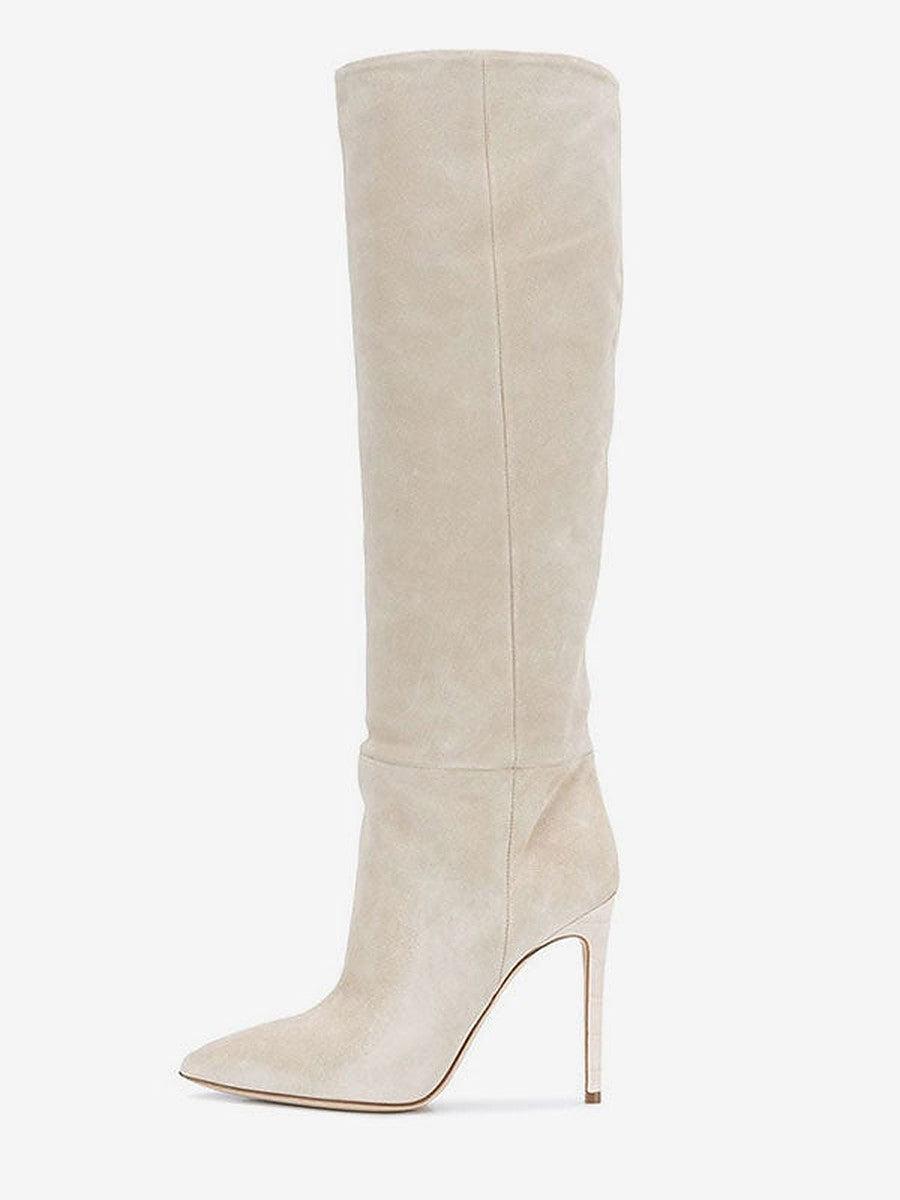 Brown Pointed-Toe Suede-Effect Knee-High Boots — view 1