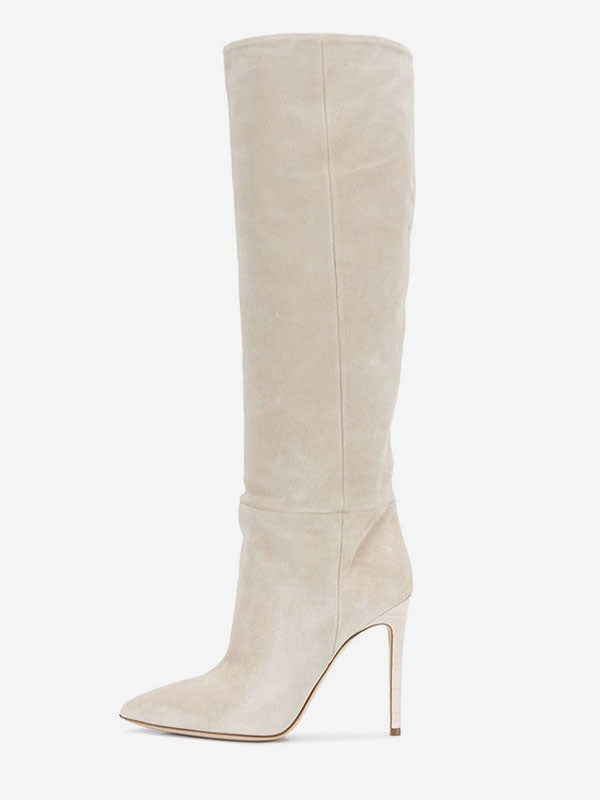 brown pointed toe suede effect knee high boots — view 1