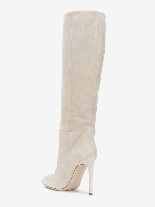 Brown Pointed-Toe Suede-Effect Knee-High Boots — view 2