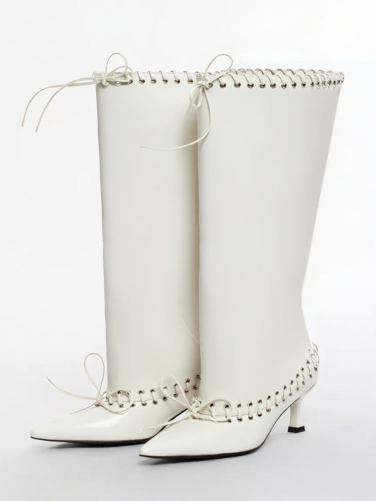 red pointed toe kitten heel knee high boots — view 10