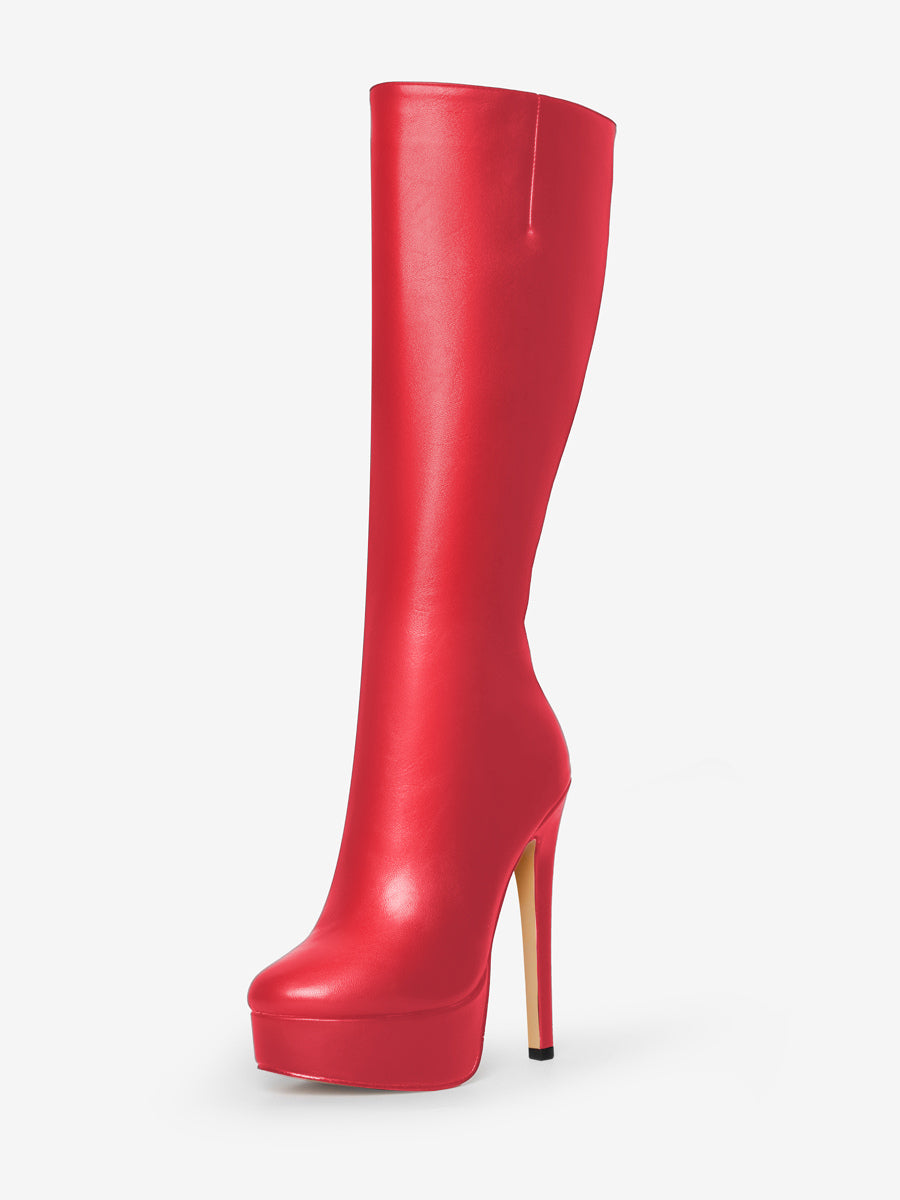 Red Round-Toe Platform Knee-High Boots — view 11