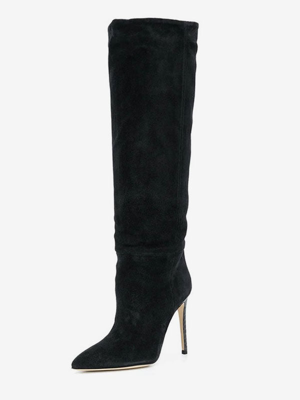 Brown Pointed-Toe Suede-Effect Knee-High Boots — view 3