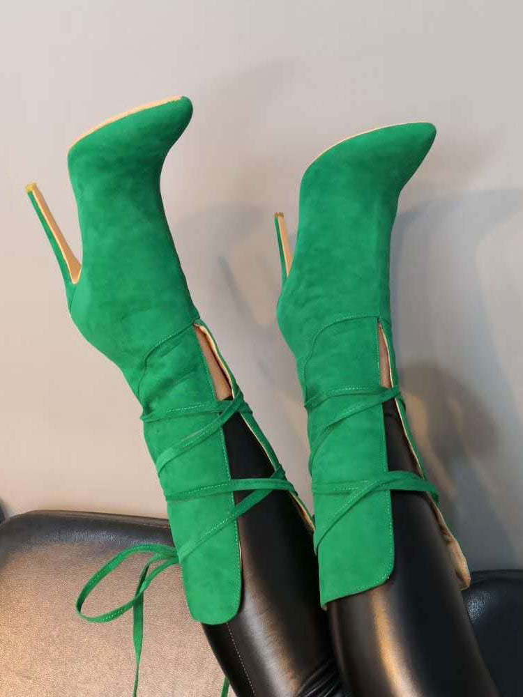 purple pointed toe lace up ankle boots — view 2