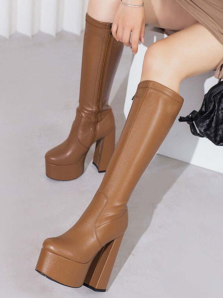 Camel Platform Block Heel Knee-High Boots — view 1