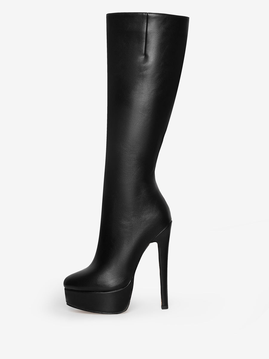 Red Round-Toe Platform Knee-High Boots — view 7