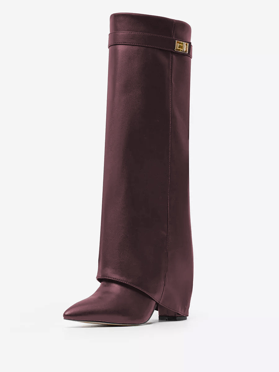 ivory pointed toe block heel buckle knee high boots — view 9