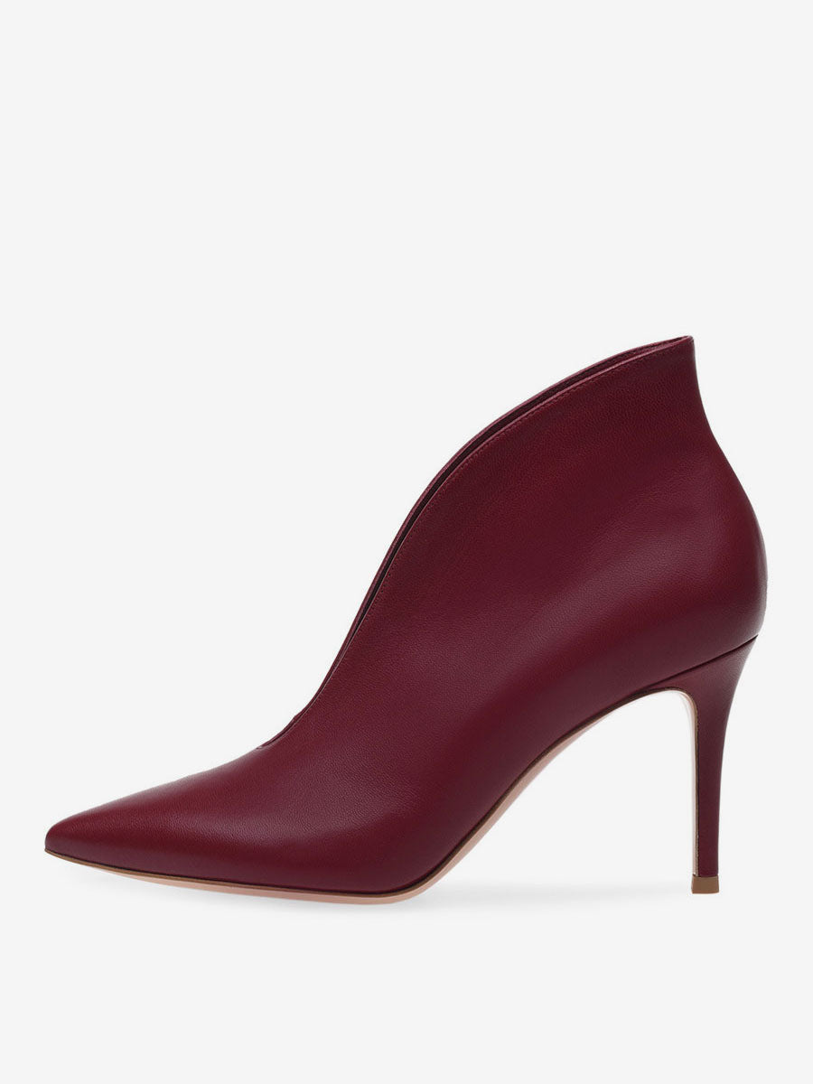 burgundy pointed toe stiletto ankle boots — view 2