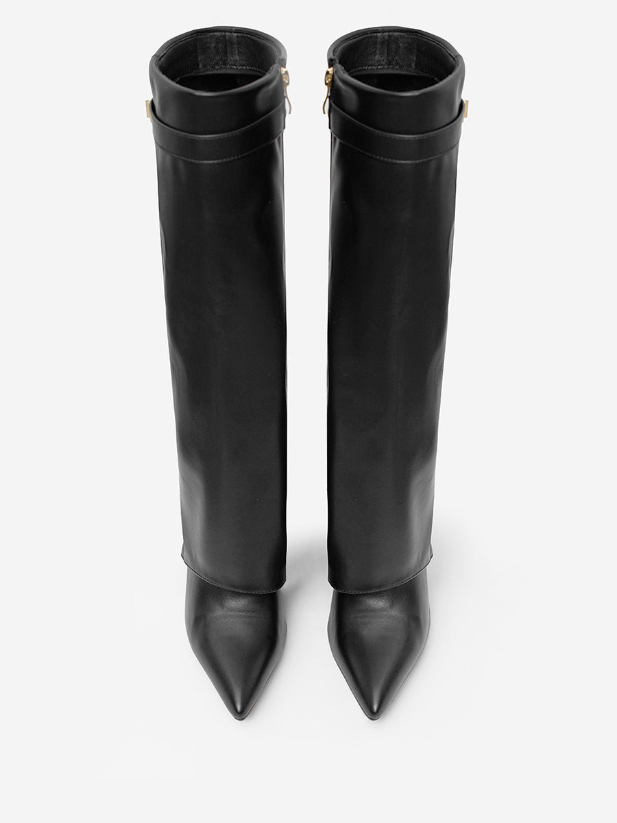 Ivory Pointed-Toe Block Heel Buckle Knee-High Boots — view 4