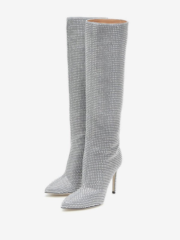 purple pointed toe stiletto embellished knee high boots — view 5