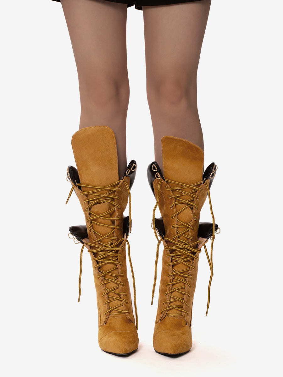 Brown Pointed-Toe Lace-Up Suede-Effect Mid-Calf Boots — view 10