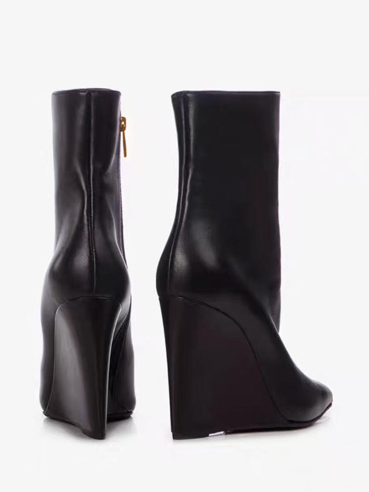 red pointed toe wedge zip ankle boots — view 3