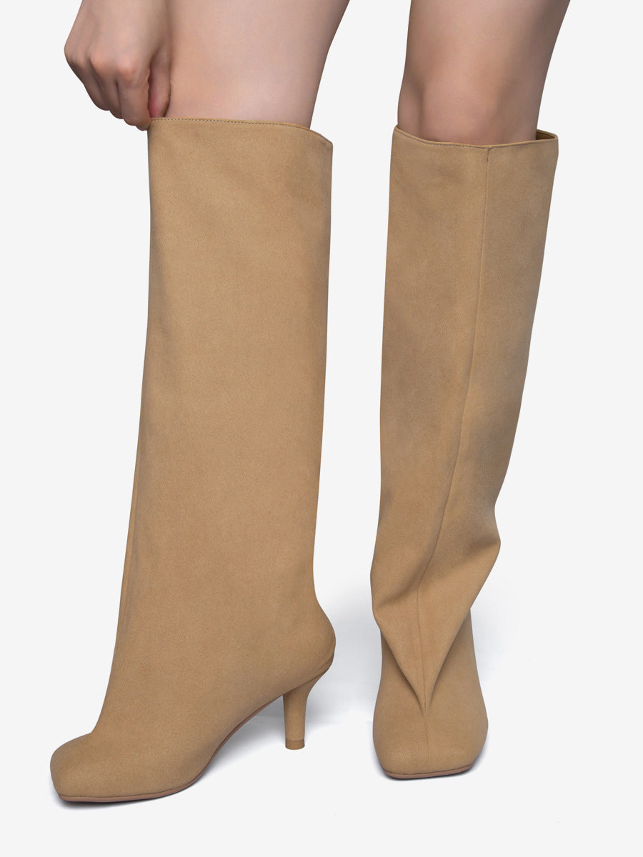 Apricot Square-Toe Suede-Effect Knee-High Boots — view 2