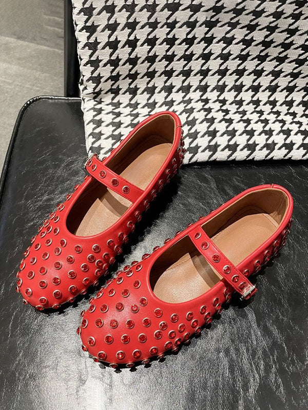 Red Round-Toe Embellished Ballet Flats — view 9