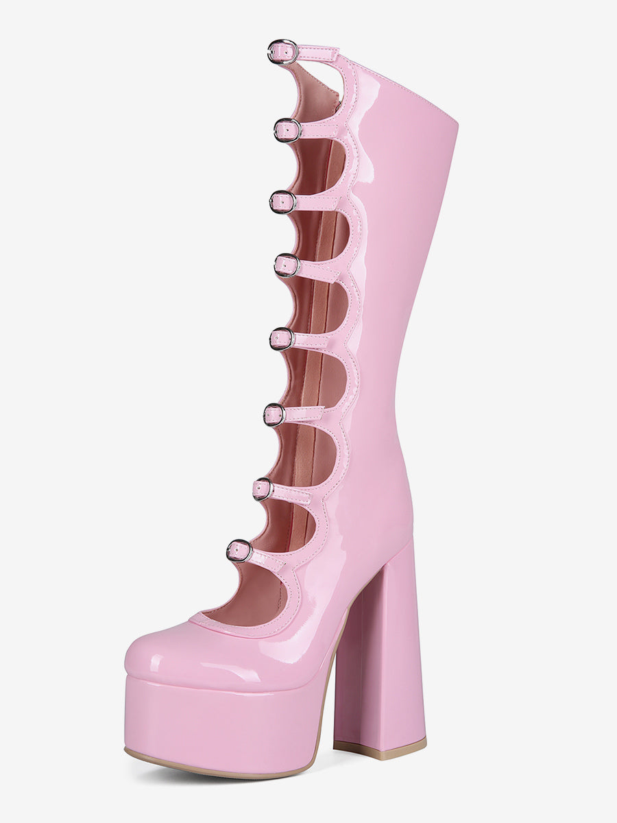 pink round toe platform block heel knee high boots — view 12