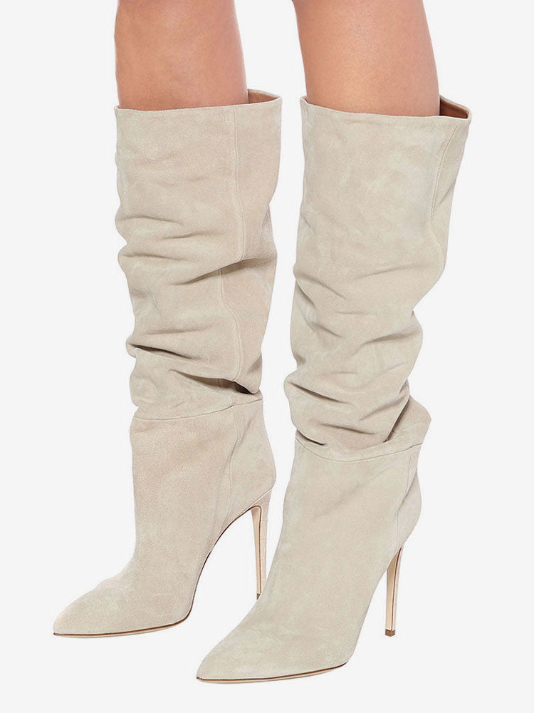 brown pointed toe suede effect knee high boots — view 7