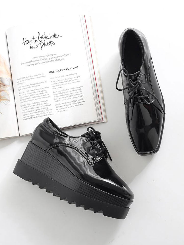 black platform wedge lace up loafers — view 3