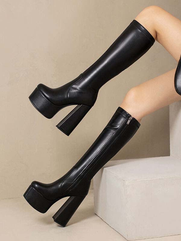 Camel Platform Block Heel Knee-High Boots — view 7