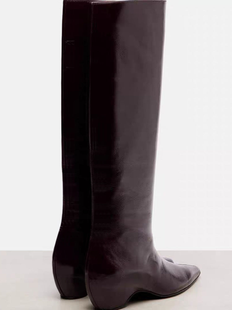 burgundy pointed toe wedge knee high boots — view 2