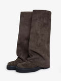 Brown Round-Toe Knee-High Ruched Boots — view 1