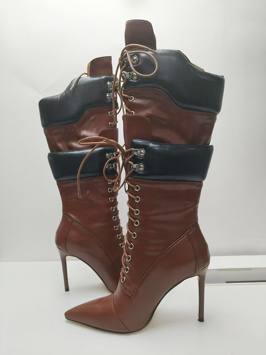 Brown Pointed-Toe Lace-Up Suede-Effect Mid-Calf Boots — view 15