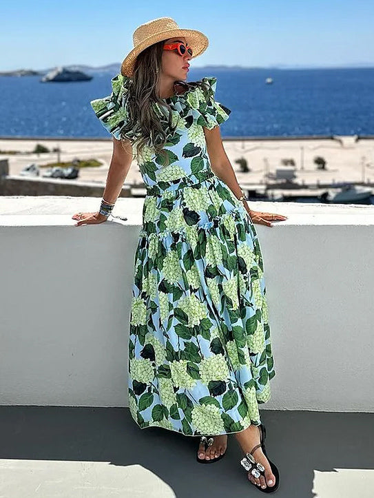 green ruffle floral longline swimsuit — view 1