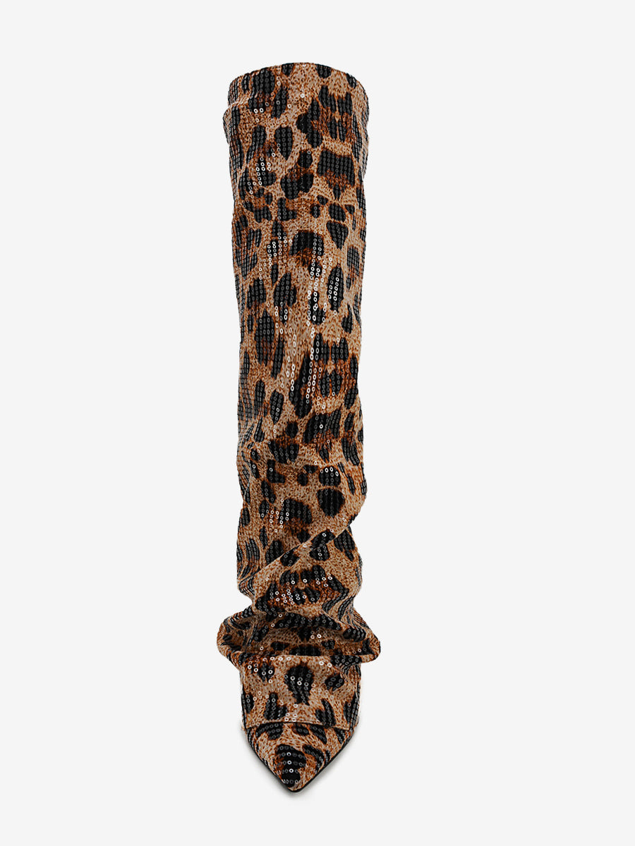 brown pointed toe leopard print sequin knee high boots — view 4