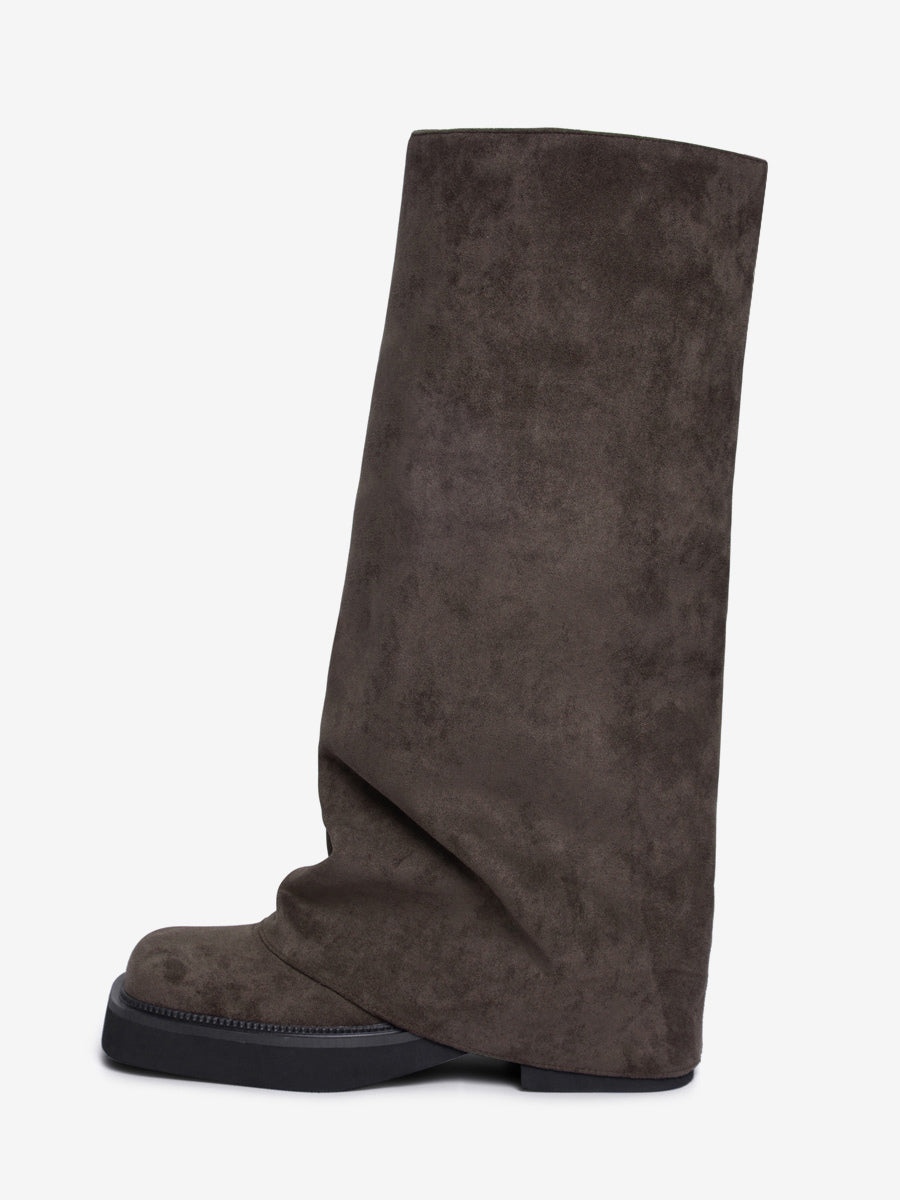 brown round toe knee high ruched boots — view 2