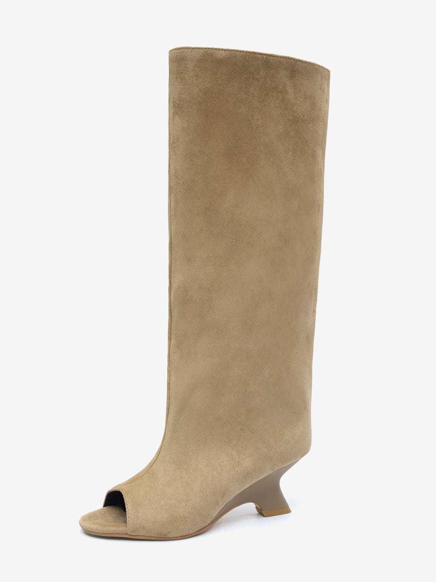 apricot open toe suede effect knee high boots — view 2