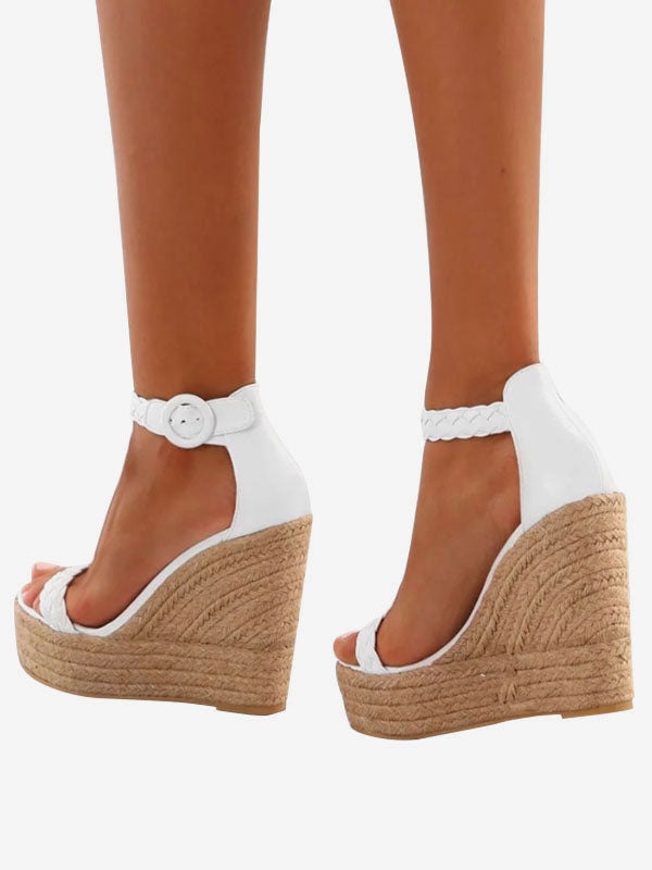 White Open-Toe Platform Buckle Wedge Sandals — view 2
