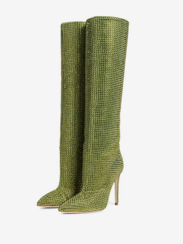 purple pointed toe stiletto embellished knee high boots — view 3