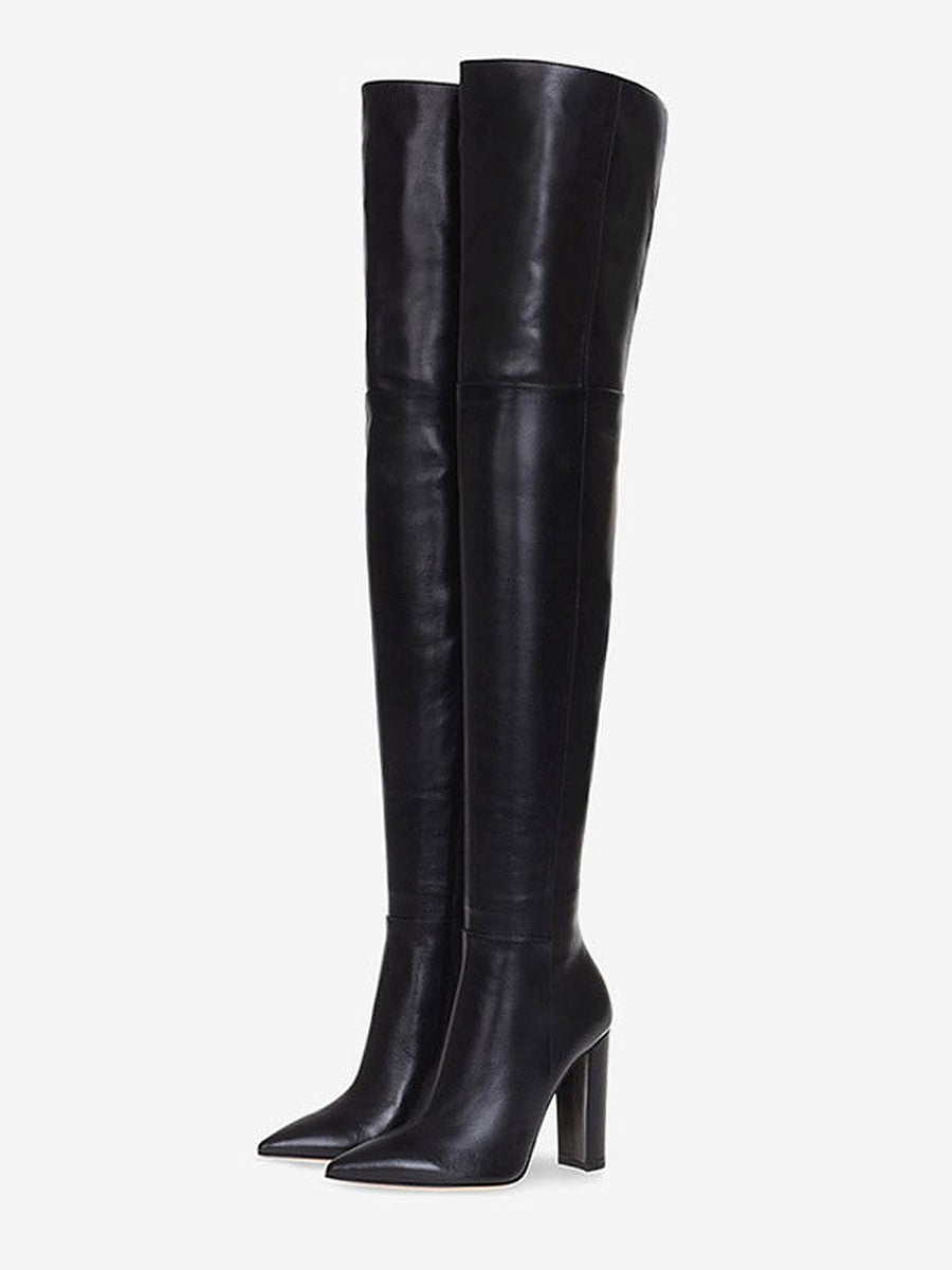 Nude Pointed-Toe Block Heel Over-The-Knee Boots — view 1