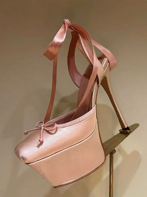 Apricot Platform Lace-Up Satin Heels — view 1