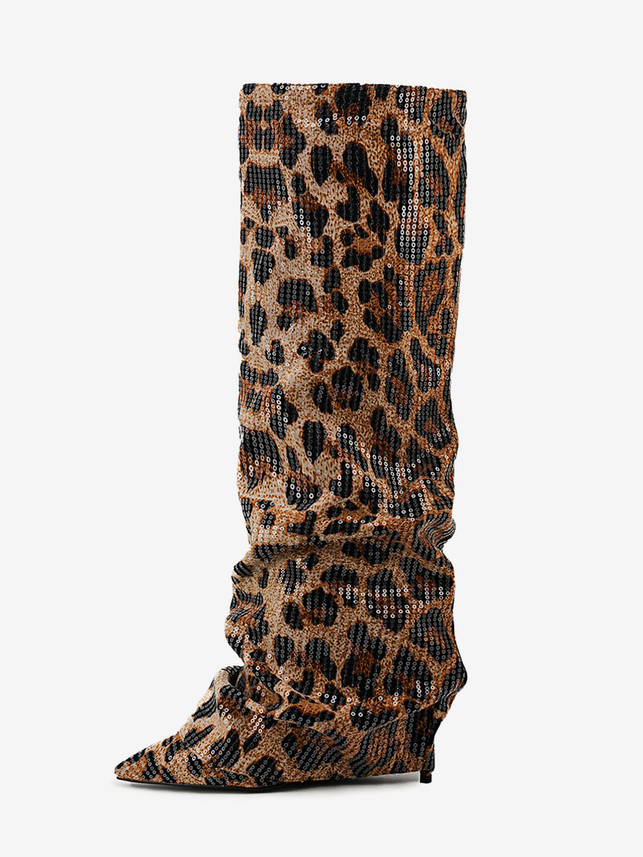 Brown Pointed-Toe Leopard Print Sequin Knee-High Boots — view 1