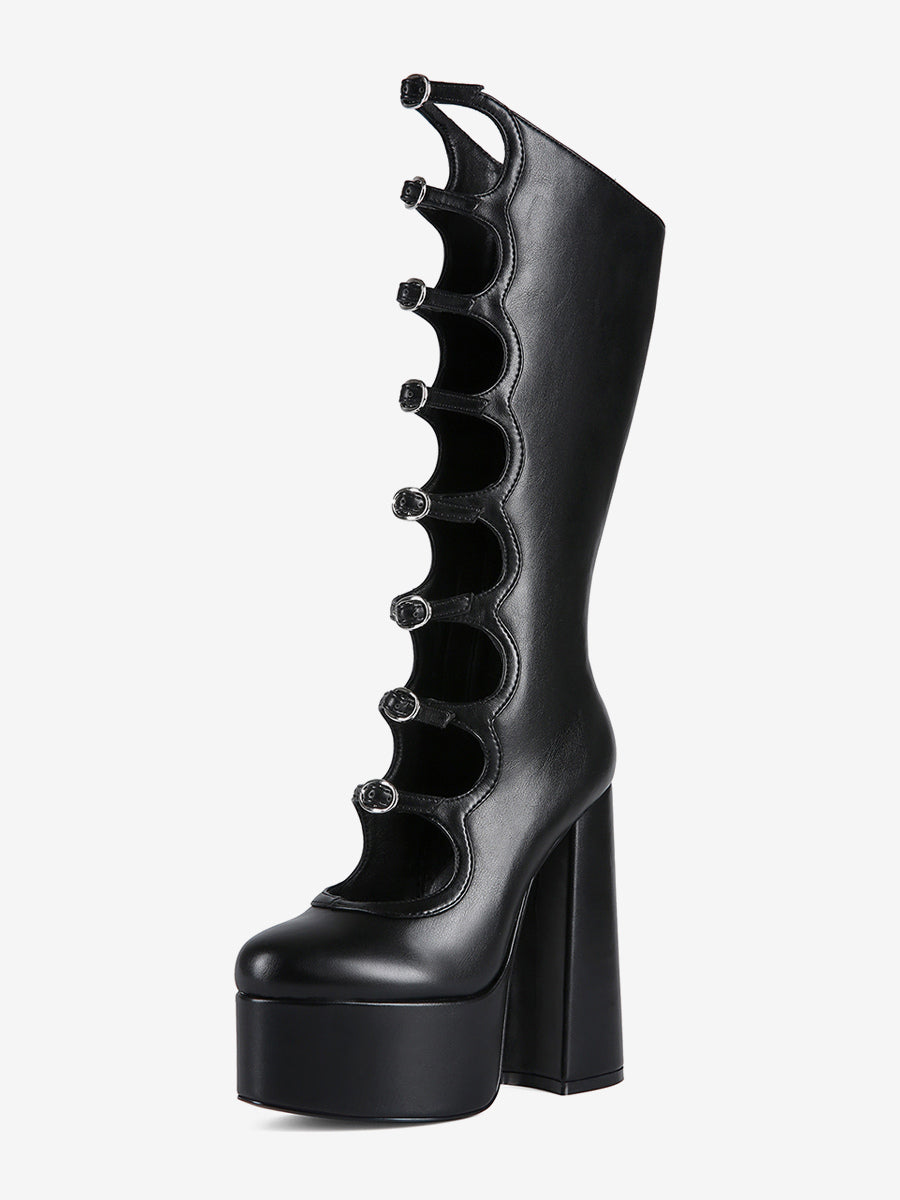 Pink Round-Toe Platform Block Heel Knee-High Boots — view 1