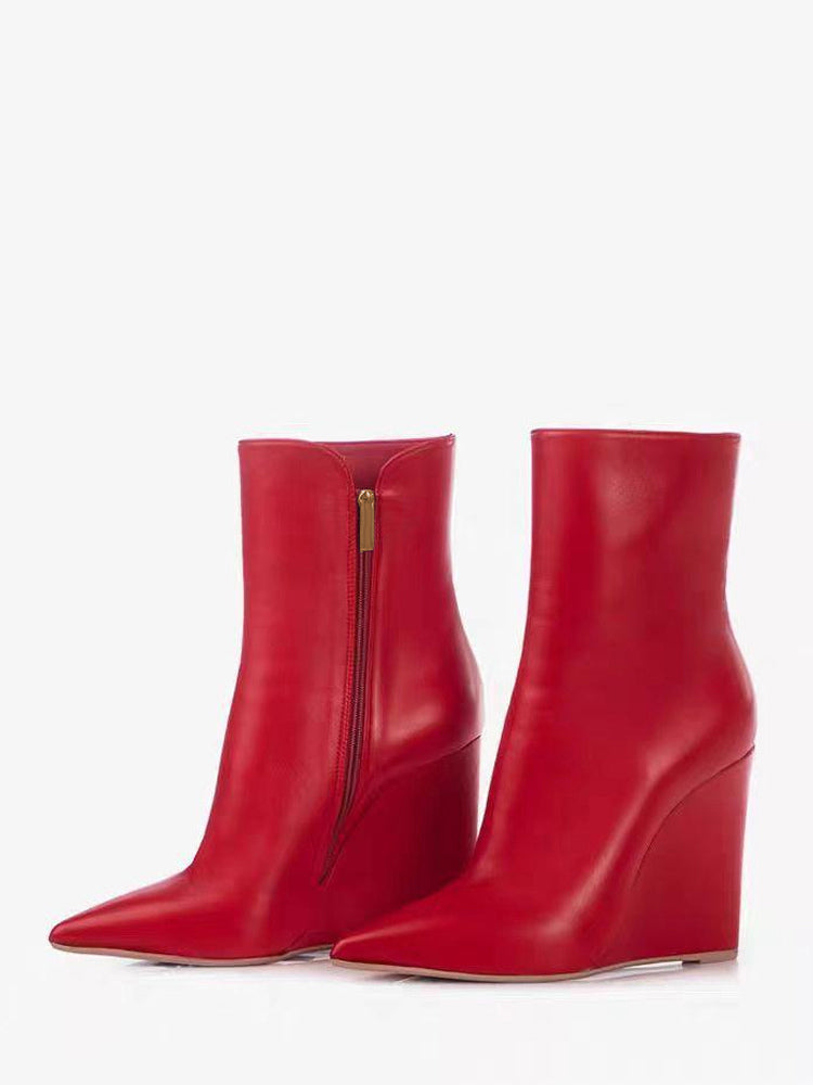 red pointed toe wedge zip ankle boots — view 4