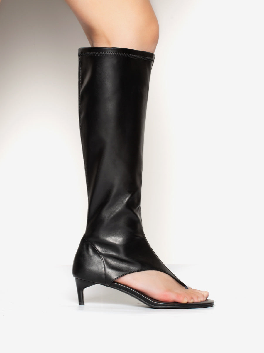 yellow open toe kitten heel stretch panel mid calf boots — view 3