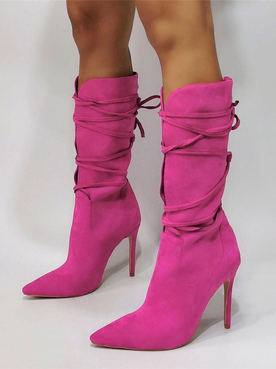 Purple Pointed-Toe Lace-Up Ankle Boots — view 7