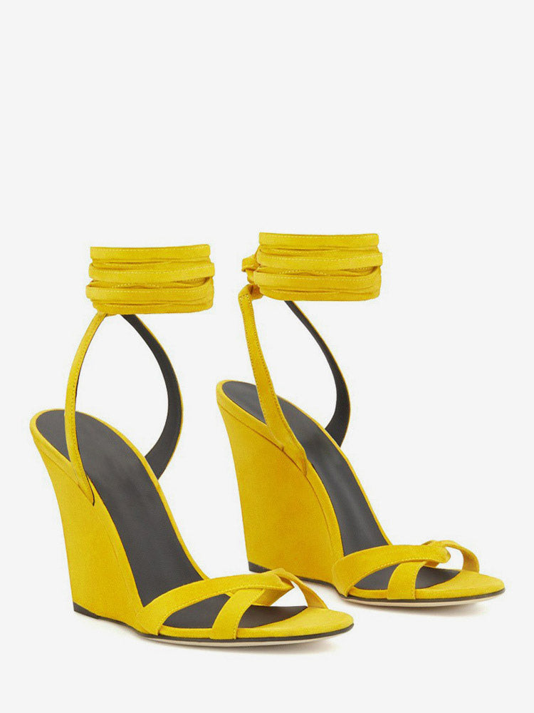 Golden Open-Toe Lace-Up Suede-Effect Wedge Sandals — view 2
