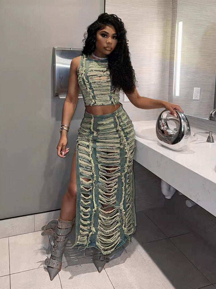 blue side split denim maxi two piece set — view 1
