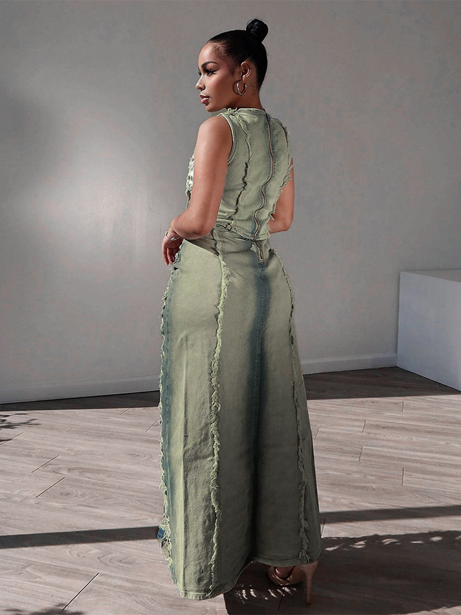 Blue Side Split Denim Maxi Two-Piece Set — view 7