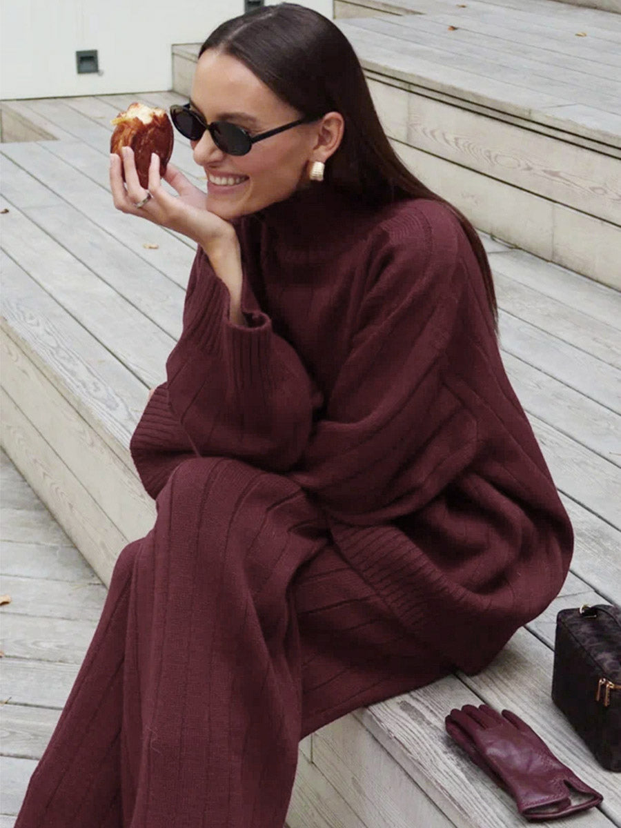 Woman wearing a burgundy ribbed knit two-piece set from Ostavel