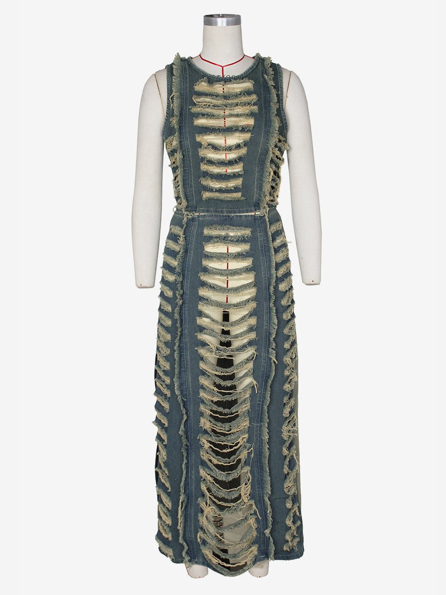 blue side split denim maxi two piece set — view 8