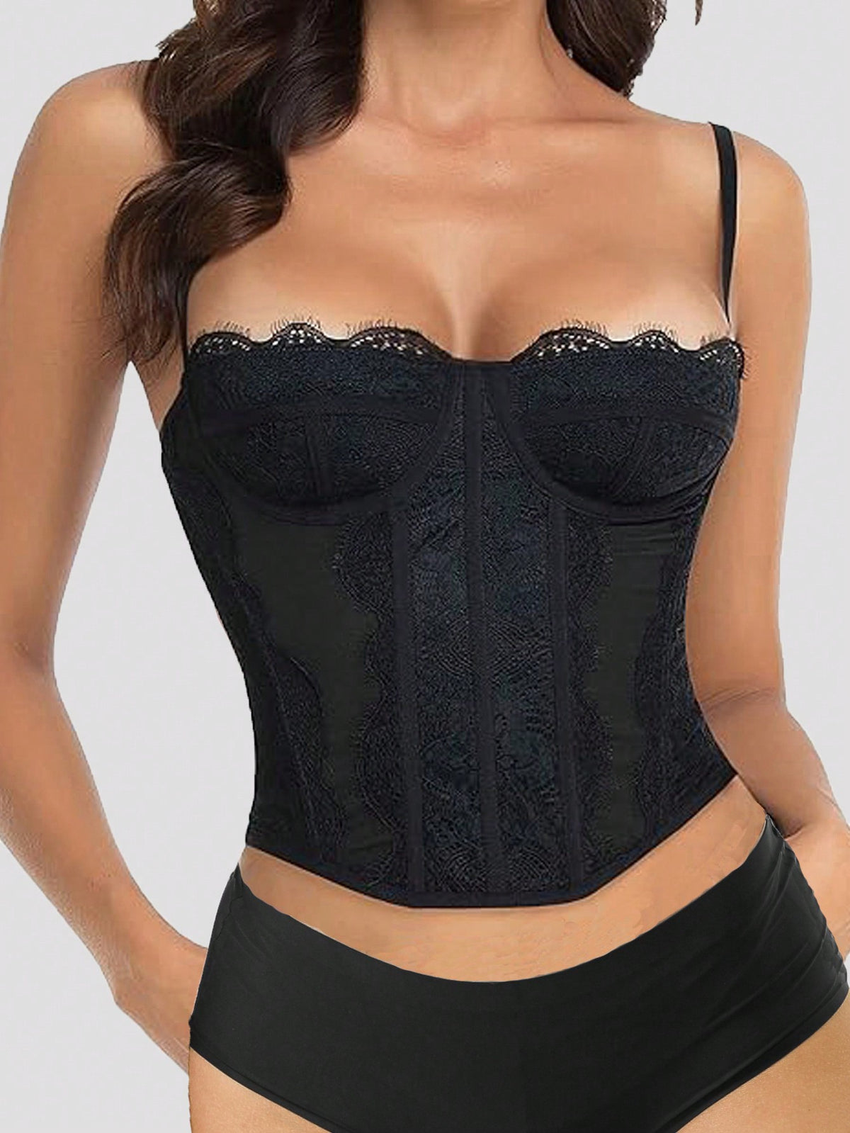 avocado green lace corset top — view 1