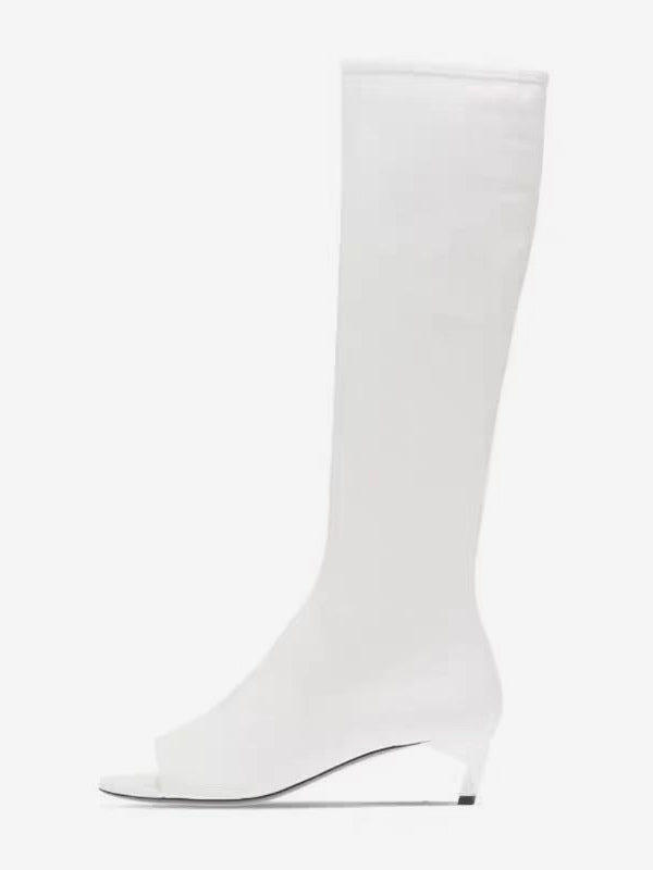 Brown Open-Toe Kitten Heel Knee-High Boots — view 4